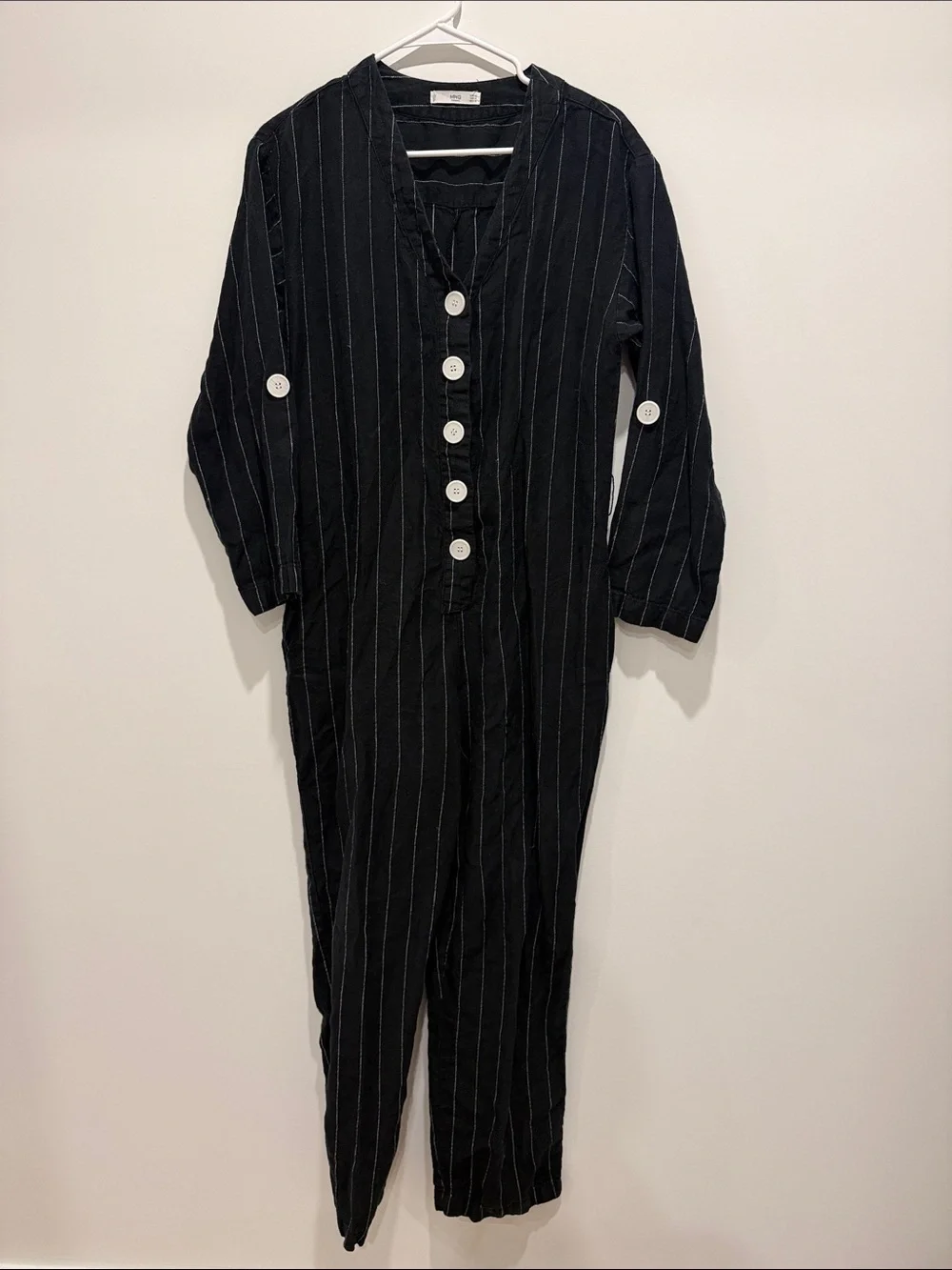 Mango linen stripe long sleeve jumpsuit